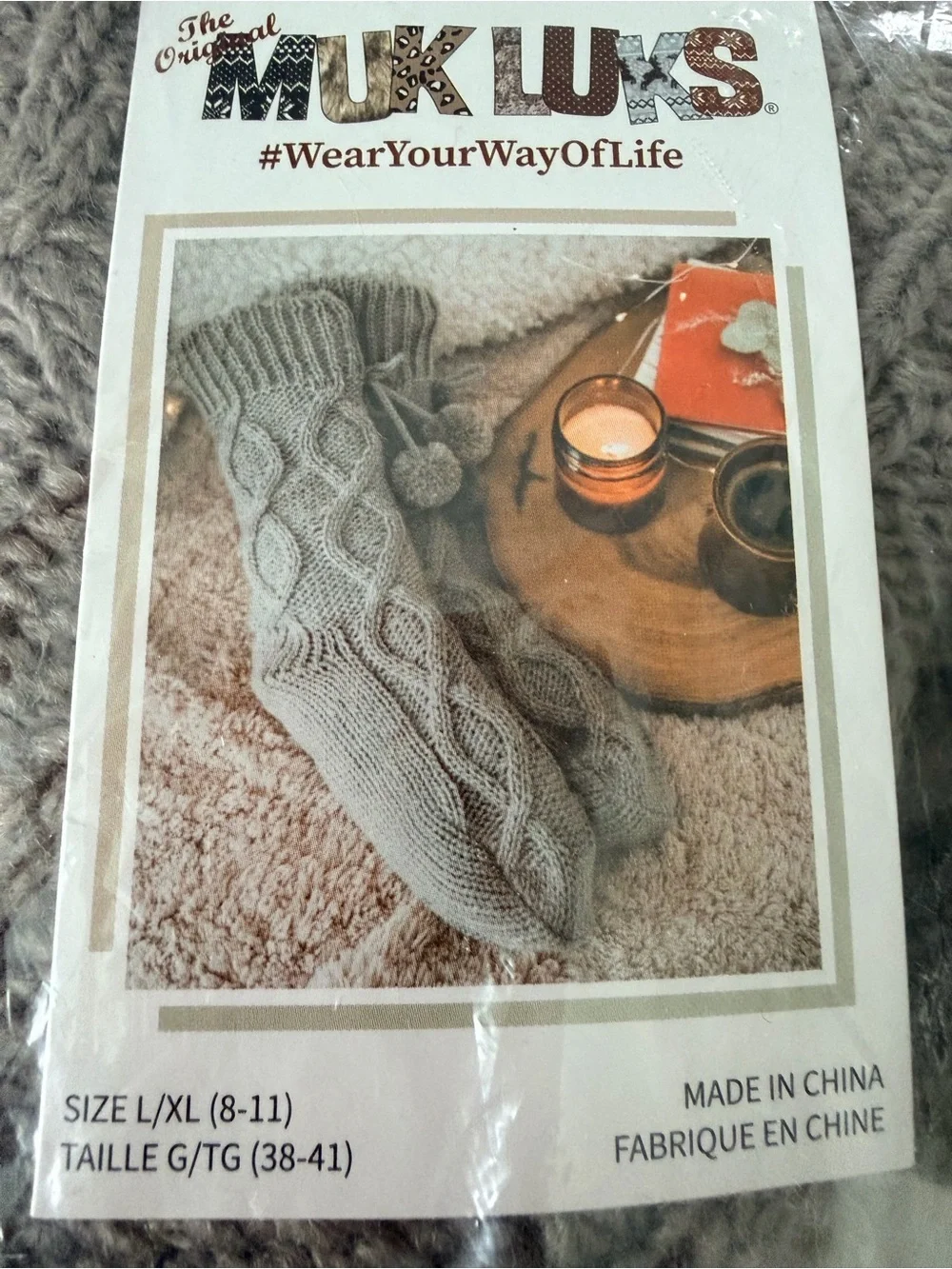 Muk Luks Gray Cable-Knit Pom-Pom Socks L / XL